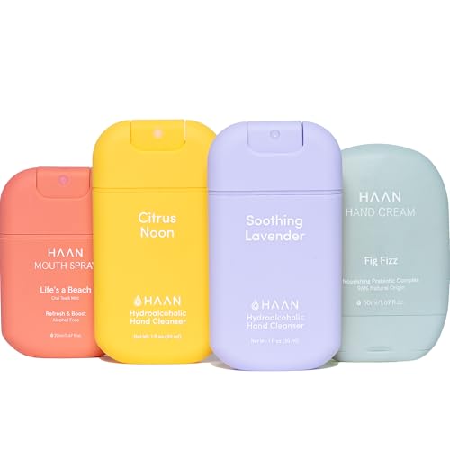 HAAN Feuchtigkeitsspendendes Handspray mit Aloe Vera, Handcreme und Mundspray, 4 Stück, 1 Stück pro Duft und Geschmack: Citrus Noon, Soothing Lavender, Fig Fizz und Erdbeere von HAAN