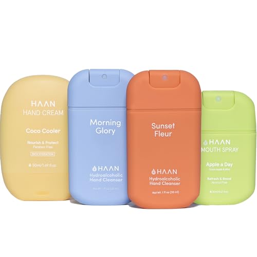 Pack HAAN Feuchtigkeitsspray für die Hände mit Aloe Vera, feuchtigkeitsspendende Handcreme und Mundspray, 4 Stück – 1 Stück pro Duft: Sunset Fleur, Morning Glory, Coco Cooler und Apple-a Day von HAAN