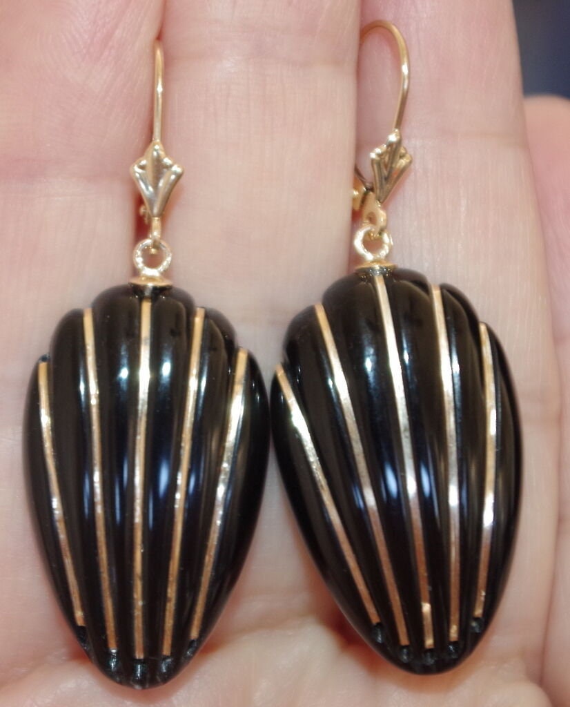 14K Gold Akzent Designer Fancy Geschnitzte Sea Shell Carved 42 Mm Onyx Brisur Ohrringe von HAANDMADEJEWELRY