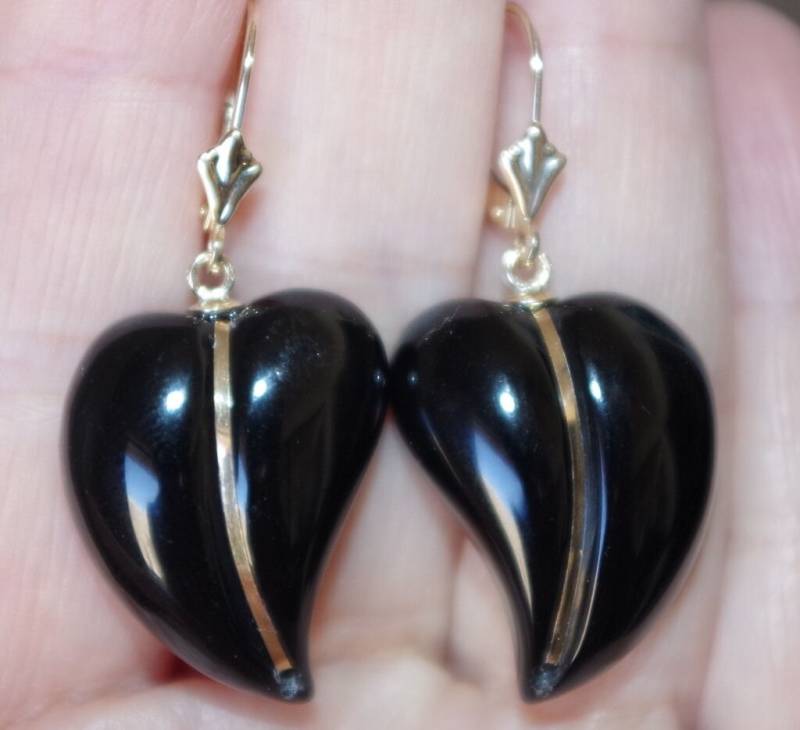 14K Gold Akzent Designer Fancy Geschnitztes Herz 37 Mm Onyx Brisur Ohrringe von HAANDMADEJEWELRY