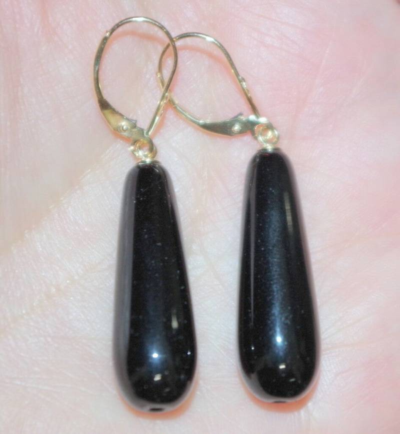 14K Gold Tropfen Ohrringe Mit Schwarzem Onyx Handgefertigte Ohrhänger | Ohrringe von HAANDMADEJEWELRY