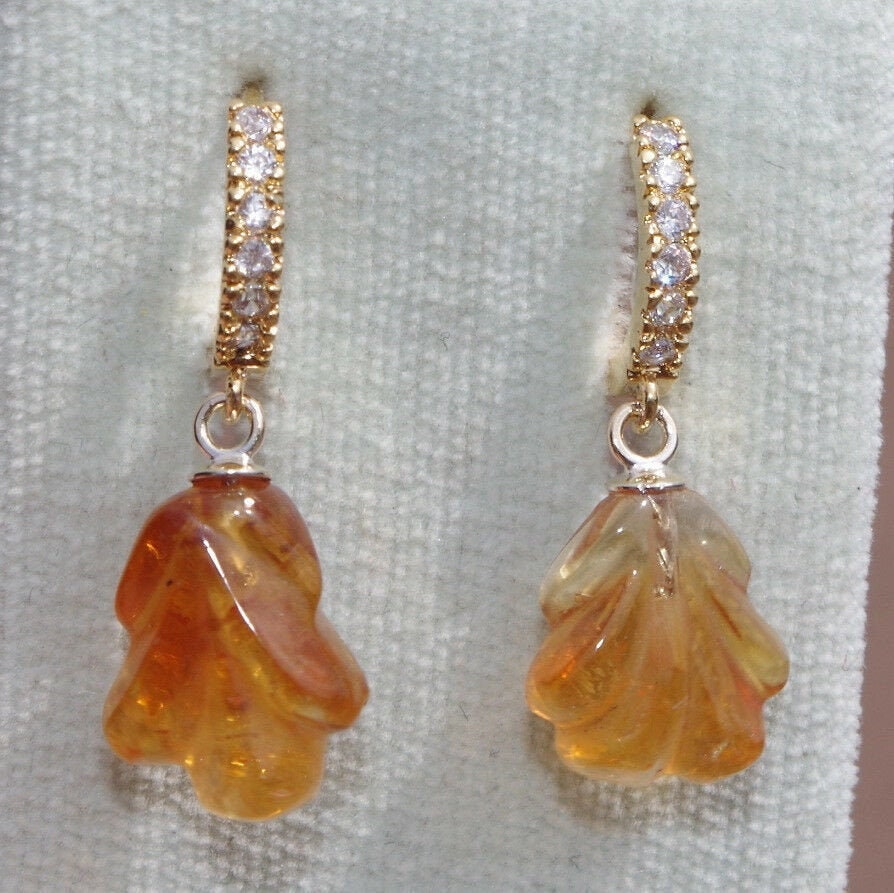 Antike 14K Über Sterling Citrin Blatt Creolen Mit Cz von HAANDMADEJEWELRY