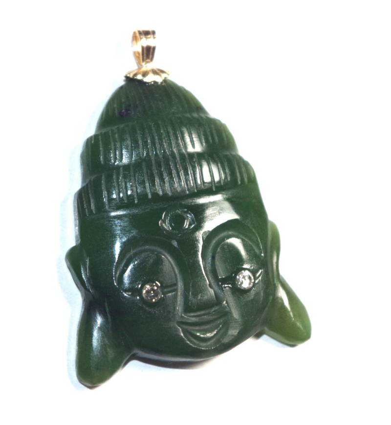 Exquisite Kwan Yin 14K Geschnitzte Grün Jadeit Jade W Diamant Augen Anhänger von HAANDMADEJEWELRY