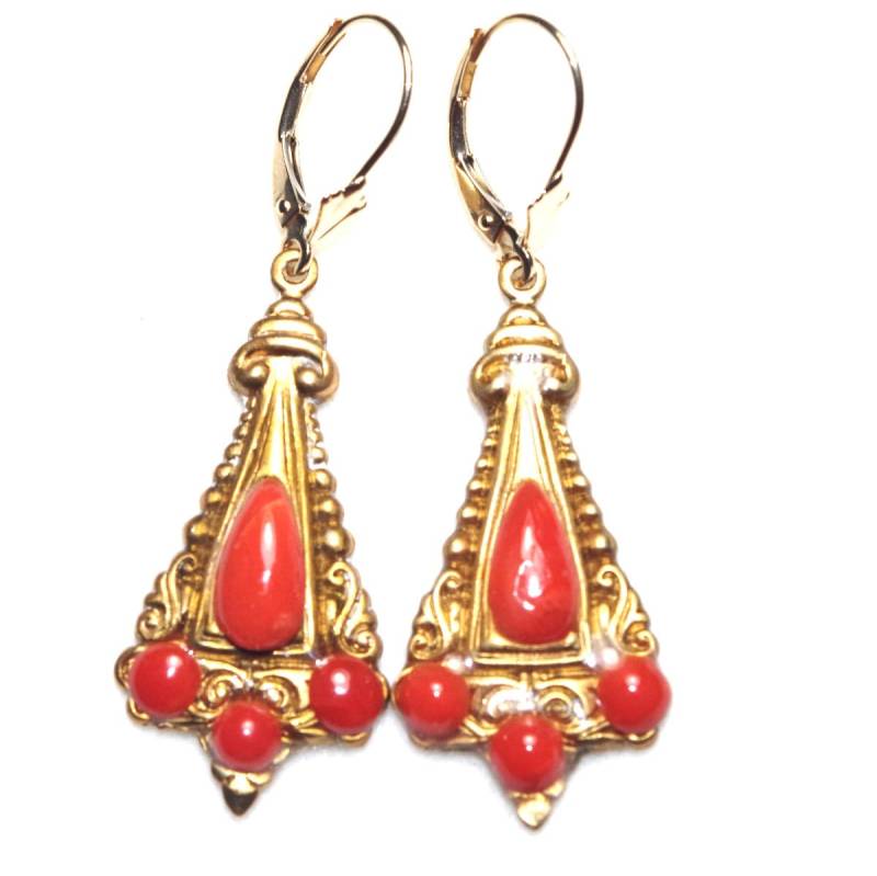 Italien Rote Koralle Antike Fleur De Lis Klappbrisur W Längliche Gf | Gold Filled Tropfen von HAANDMADEJEWELRY