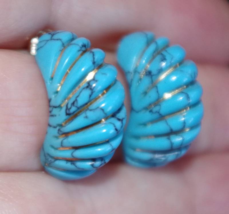 Vintage 14K Echte Türkis Garnelen Stripped Stud Hoop Ohrringe von HAANDMADEJEWELRY