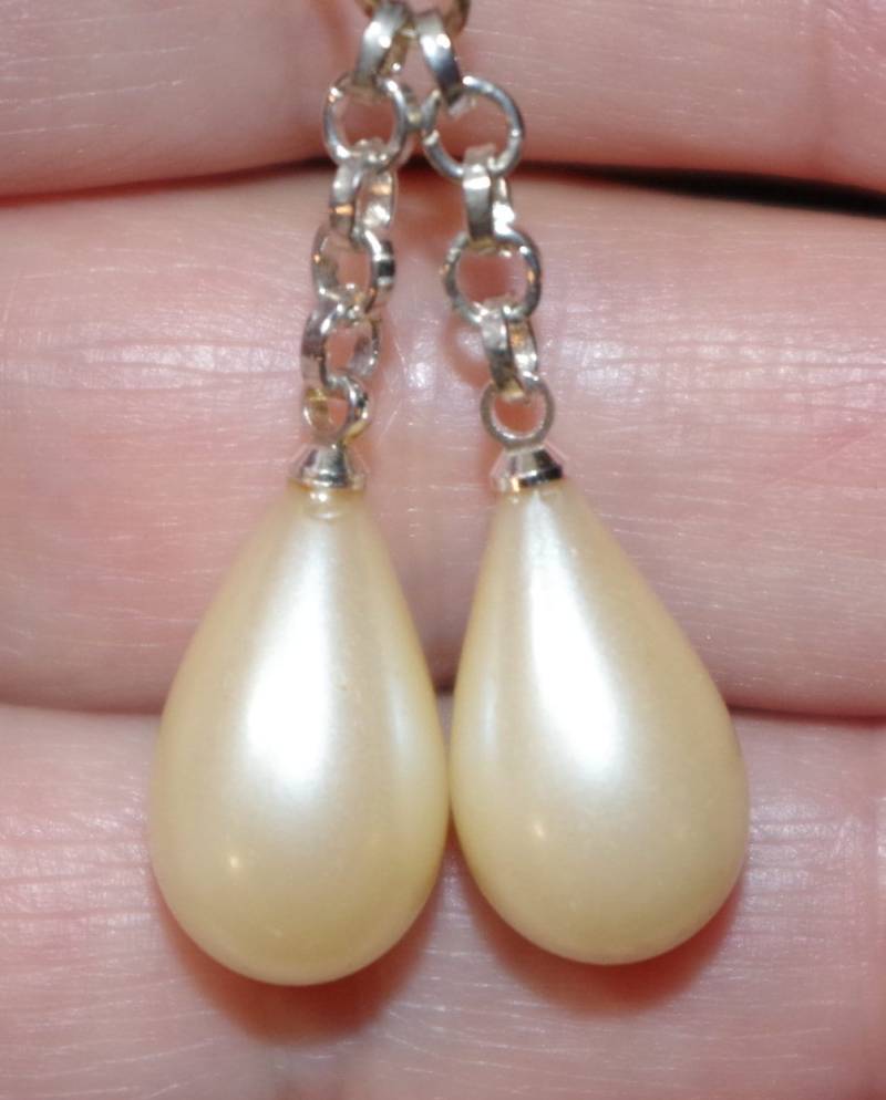 Vintage Mallorca Perlentropfen Ohrringe 14K Weißgold Filled-Jacken von HAANDMADEJEWELRY