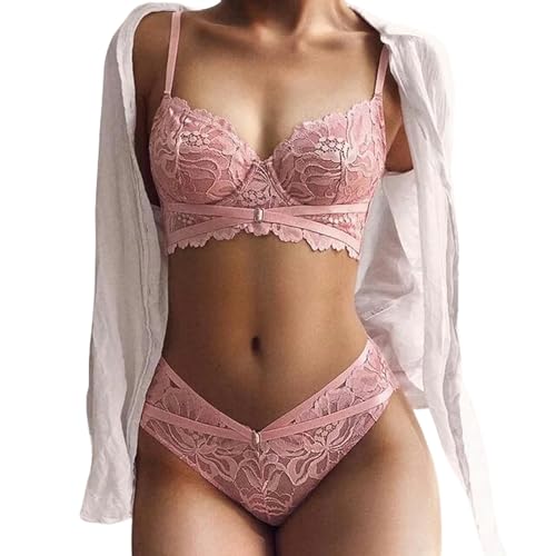 HAAR Sexy Dessous Set Ultra-Dünn Cup Sexy Brassiere Spitze Stickerei Dessous Frauen Unterwäsche Schub-Up Bralette Mode BH Slip Set-Rosa-70C von HAAR