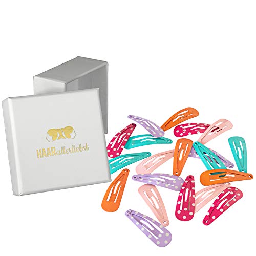 Haarallerliebst Haarspangen klein für Kinder – 20 Stück in bunt pink rosa lila mit Punkten (3 cm) inkl. Aufbewahrungsbox weiss – Ideal für dünnes, feines Haar von HAARallerliebst