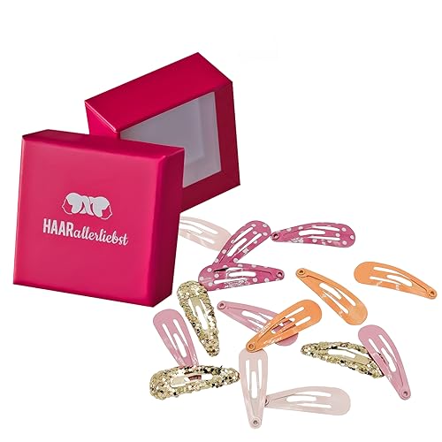 Haarallerliebst Haarspangen klein für Kinder – 15 Stück in bunt pink rosa mit Gold Glitzer (3 cm) inkl. Aufbewahrungsbox – Ideal für dünnes, feines Haar von HAARallerliebst