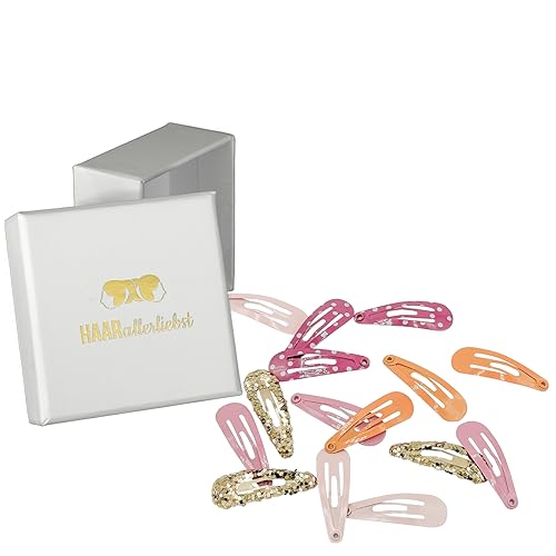 Haarallerliebst Haarspangen klein für Kinder – 15 Stück in bunt pink rosa mit Gold Glitzer (3 cm) inkl. Aufbewahrungsbox weiss – Ideal für dünnes, feines Haar von HAARallerliebst
