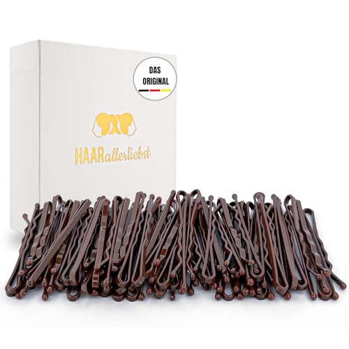 HAARallerliebst® 100 Bobby Pins braun – 5cm Haarklammern für Damen – Extra stark & langlebig – nachhaltige Geschenkbox – Haarnadeln für Frisuren, Haarstyling Zubehör (mittelbraun, 100 Stück) von HAARallerliebst