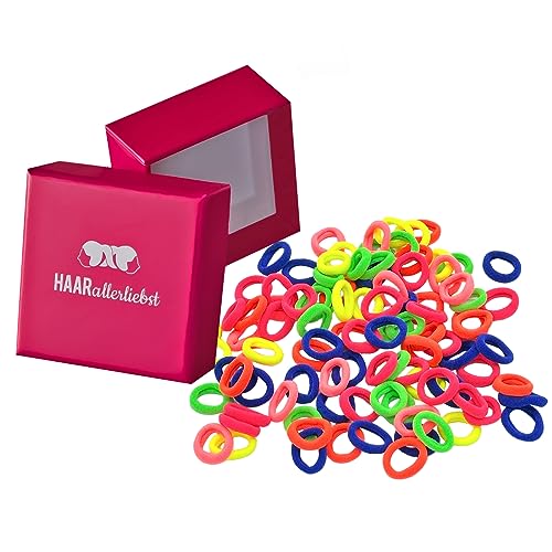 HAARallerliebst® 100 Stück bunte 20mm kleine Haargummis für Mädchen - mini baby Zopfgummis inkl Aufbewahrungsschachtel - idealer Haargummi Haarschmuck für Kinder Damen - elatisch soft Mehrfarbig von HAARallerliebst