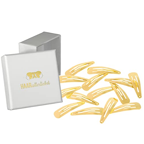 Haarallerliebst Haarspangen normale Länge für Kinder & Damen – 14 Stück in gold glänzend (5 cm) inkl. Aufbewahrungsbox weiss – Ideal für normales Haar von HAARallerliebst