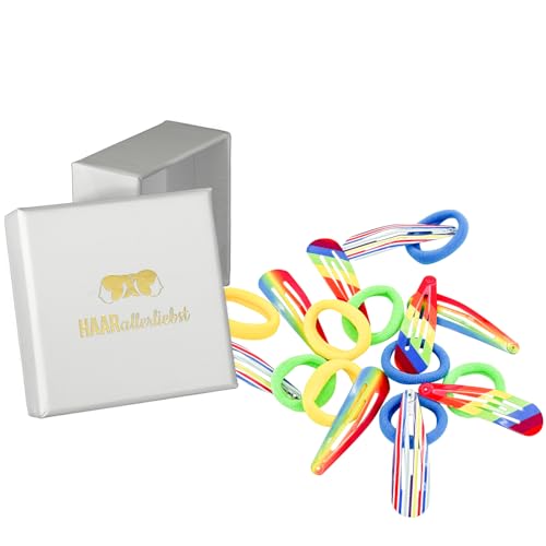 HAARallerliebst® 18 Stück Regenbogen Set Haarspangen und Haargummis Mädchen Damen, bunt, Haarklammern, 50mm Baby Kinder Haarklammer, inkl Schachtel Haarspange Haarschmuck Accessories Haargummi von HAARallerliebst