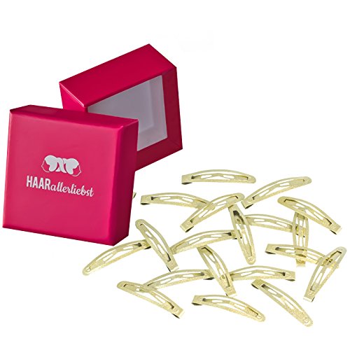 HAARallerliebst® 20 Stück Snap Haarspangen Damen - gold schimmernd 4cm - klein - Metall Haarclips Haarklammer Haar Hair Clip Clips Kinder Haarklammern Haarspange mit Schachtel für Damen Mädchen Herren von HAARallerliebst