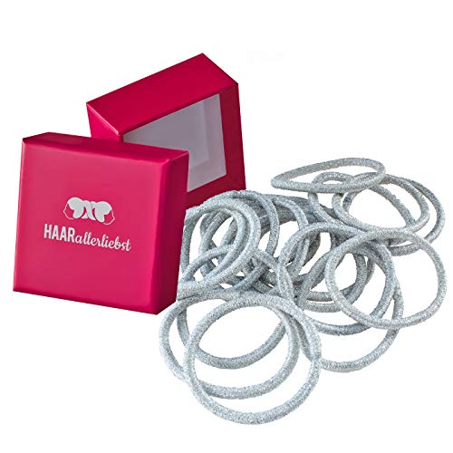 HAARallerliebst® 20 Stück silberne Haargummis Farbe silber, 4,5mm dick Metallfreie Zopfgummis für Damen, Mädchen & Herren inkl Schachtel zur Aufbewahrung für Haarschmuck, Haargummi & Haarbänder von HAARallerliebst