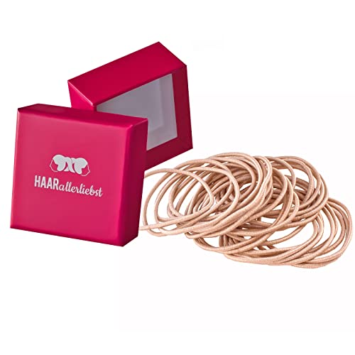 HAARallerliebst® 30 Stück dünne Haargummis Farbe mittel beige, 1,5mm, Metallfreie Zopfgummis, blond für Damen, Mädchen & Herren inkl Schachtel zur Aufbewahrung für Haarschmuck, Haargummi & Haarbänder von HAARallerliebst