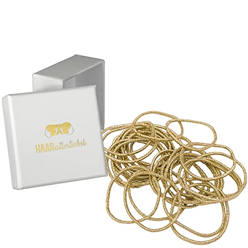 HAARallerliebst® 30 Stück dünne goldene Haargummis Farbe gold, 1,5mm dick Metallfreie Zopfgummis für Damen, Mädchen & Herren inkl Schachtel zur Aufbewahrung für Haarschmuck, Haargummi & Haarbänder von HAARallerliebst