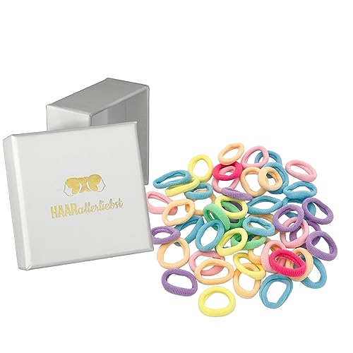 HAARallerliebst® 50 Stück bunte 20mm kleine Haargummis für Mädchen - mini baby Zopfgummis inkl Aufbewahrungsschachtel - idealer Haargummi Haarschmuck für Kinder und Damen elatisch soft Mehrfarbig bunt von HAARallerliebst