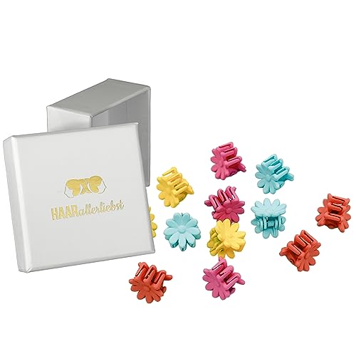 HAARallerliebst® Haarklammer Blumen Butterfly Clips 12 Stück Haarklammern Klein mit Box Schmetterling Haarspange Mini für Mädchen und Kinder, 6 Farben (Blumen; Schachtelfarbe: weiss) von HAARallerliebst