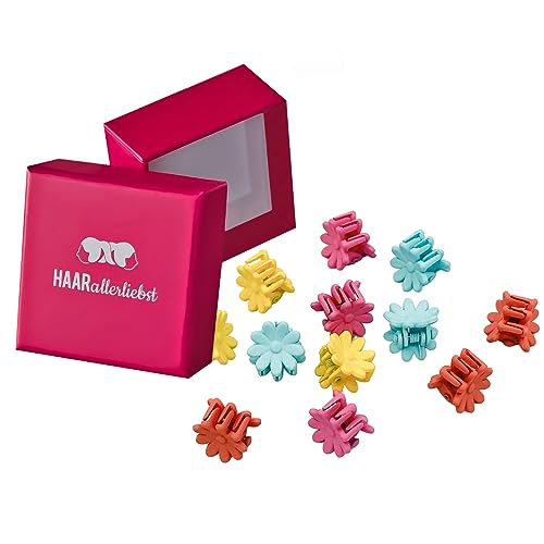 HAARallerliebst® Haarklammer Blumen Clips 12 Stück Haarklammern Klein mit Box Blumen Haarspange Mini für Mädchen und Kinder, 6 Farben (Blumen; Schachtelfarbe: pink) von HAARallerliebst