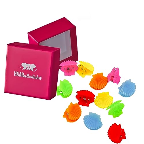 HAARallerliebst® Haarklammer Muscheln Clips 12 Stück Haarklammern Klein mit Box Muschel Haarspange Mini für Mädchen und Kinder, 6 Farben (Muscheln; Schachtelfarbe: pink) von HAARallerliebst