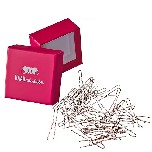 HAARallerliebst® Haarnadeln braun 50 Stück, 5cm inkl Aufbewahrungsbox - U Form Haarklammern - Haargabeln für Damen Mädchen, Haarnadel Hairpin Haarschmuck (braun; Schachtelfarbe: pink) von HAARallerliebst