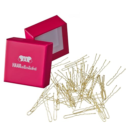 HAARallerliebst® Haarnadeln gold 50 Stück, 5cm inkl Aufbewahrungsbox - U Form Haarklammern - Haargabeln für Damen Mädchen, Haarnadel Hairpin Haarschmuck (gold; Schachtelfarbe: pink) von HAARallerliebst