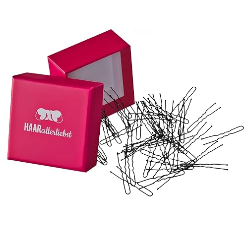 HAARallerliebst® Haarnadeln schwarz 50 Stück, 5cm inkl Aufbewahrungsbox - U Form Haarklammern - Haargabeln für Damen Mädchen, Haarnadel Hairpin Haarschmuck (schwarz; Schachtelfarbe: pink) von HAARallerliebst