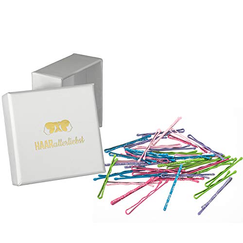 HAARallerliebst® Premium Bobby Pins Haarklammern - 40 Stück bunt Glitzer, Extra Breit, 35mm Haarnadeln Set, Metall Hair Pin für Damen & Mädchen Kinder Bobbypins inkl. Haarspangen Box von HAARallerliebst