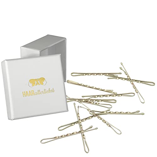 HAARallerliebst® Premium Bobby Pins Haarklammern gedreht - 18 Stück Gold schimmernd, Extra Halt und ultra Stabil, 5cm Haarnadeln Set, Damen Mädchen Kinder inkl. Haarspangen Box von HAARallerliebst