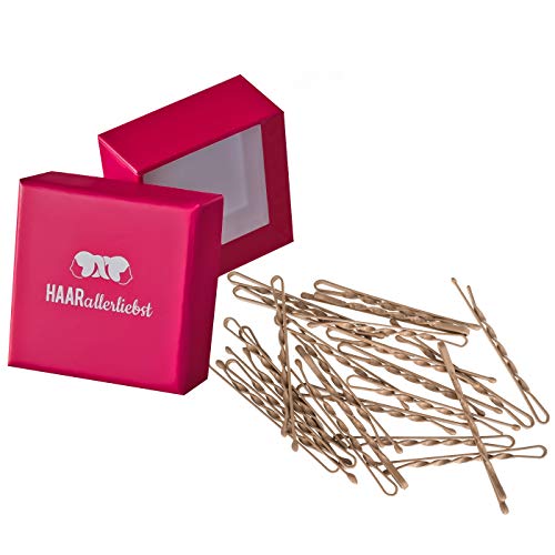 HAARallerliebst 24 Haarnadeln gedreht - 5,5 cm Bobby Pins beige für blondes Haar - mehr Halt durch die Drehung – Haarklemmen Damen & Hair Pins in pinker Box - Perfekte Haarnadel für Styling & Halt von HAARallerliebst