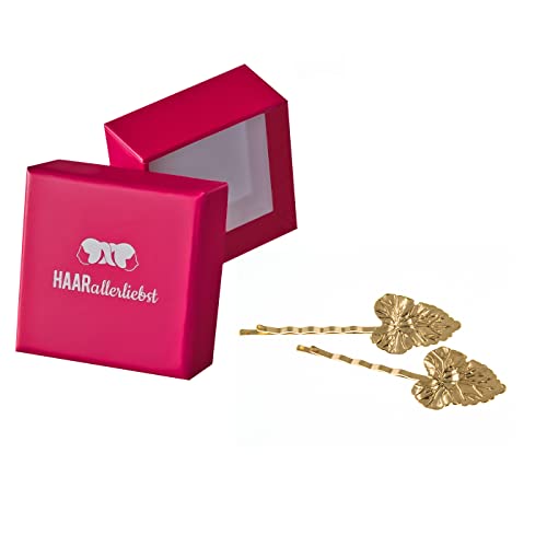 HAARallerliebst 2 Haarnadeln mit Blättern - 5 cm Bobby Pins gold - Haarklemmen Damen & Hair Pins in pinker Box - Perfekte Haarnadel für auffälliges Styling HAARallerliebst 2 Haarnadeln mit Blättern - 5 cm Bobby Pins gold - Haarklemmen Damen & Hair Pins in pinker Box - Perfekte Haarnadel für auffälliges Styling von HAARallerliebst