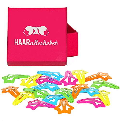 HAARallerliebst Haarspangen Sterne (20 Stück | bunt | 4,1cm) für Mädchen inkl. Schachtel zur Aufbewahrung (Schachtelfarbe: pink) von HAARallerliebst
