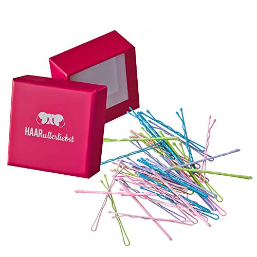 HAARallerliebst 40 Haarnadeln - 5 cm Bobby Pins - pastell mit Glitzer für alle Haartypen – Haarklemmen Damen & Hair Pins in pinker Box - Perfekte Haarnadel für Styling & Halt von HAARallerliebst