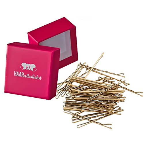HAARallerliebst 50 Haarnadeln - 5 cm Bobby Pins - gold glitzer für alle Haartypen – Haarklemmen Damen & Hair Pins in pinker Box - Perfekte Haarnadel für Styling & Halt HAARallerliebst 50 Haarnadeln - 5 cm Bobby Pins - gold glitzer für alle Haartypen – Haarklemmen Damen & Hair Pins in pinker Box - Perfekte Haarnadel für Styling & Halt von HAARallerliebst