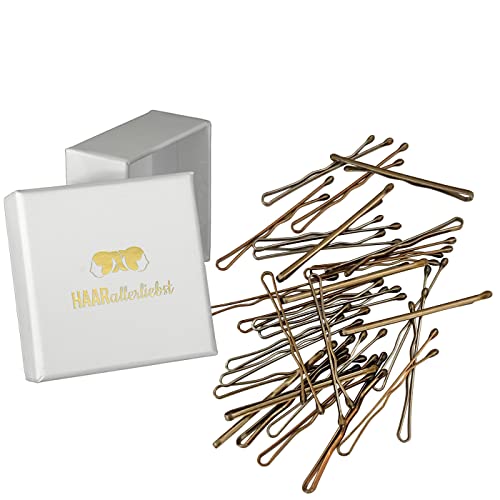 HAARallerliebst 50 Mini Haarnadeln - 3,4 cm klein Bobby Pins - dunkel gold für dunkel blonde Haare – Haarklemmen Damen & Hair Pins in weisser Box - Perfekte Haarnadel für Styling & Halt von HAARallerliebst