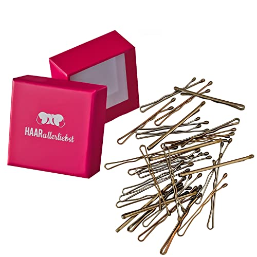 HAARallerliebst 50 Mini Haarnadeln - 3,4 cm klein Bobby Pins - dunkel gold für dunkel blonde Haare – Haarklemmen Damen & Hair Pins in pinker Box - Perfekte Haarnadel für Styling & Halt von HAARallerliebst
