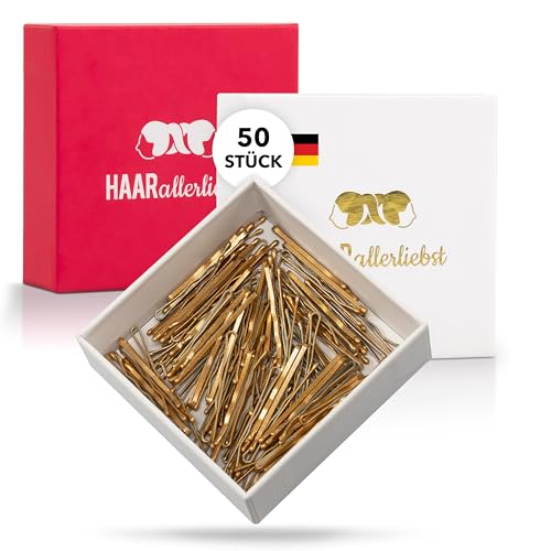 HAARallerliebst 50 Mini Haarnadeln - 3,4 cm klein Bobby Pins - gold glitzernd – Haarklemmen Damen & Hair Pins in pinker Box - Perfekte Haarnadel für Styling & Halt von HAARallerliebst