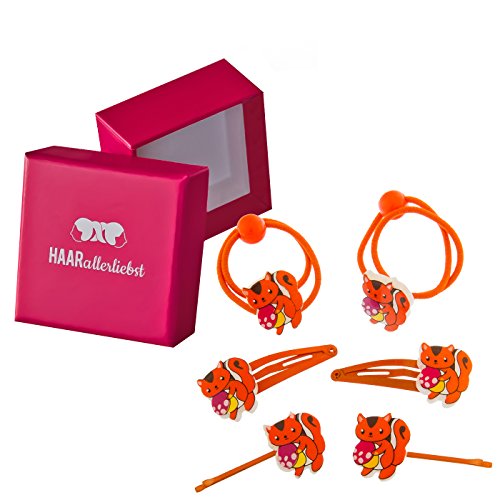 HAARallerliebst 6 Haarspangen Haargummis Haarklammern mit orangenen Eichhörnchen 5cm für Kinder Mädchen in Pinker Box von HAARallerliebst