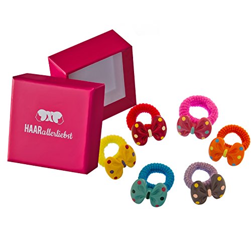 HAARallerliebst Haargummi Set (6 Stück | handbemalte Schleifen | bunt) für Mädchen inkl. Schachtel zur Aufbewahrung (Schachtelfarbe: pink) von HAARallerliebst