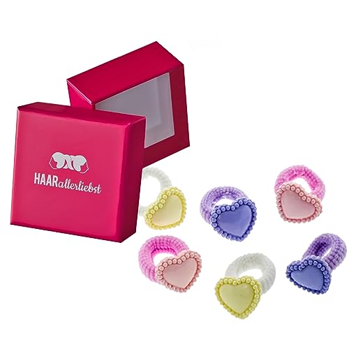 HAARallerliebst Haargummi Set Herz (6 teilig | rosa, blau, gelb) für Mädchen inkl. Schachtel zur Aufbewahrung (Schachtelfarbe: pink) von HAARallerliebst