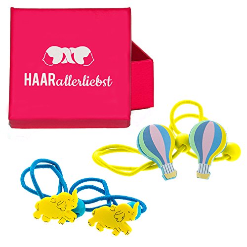 HAARallerliebst Haargummi Set Mädchen (4 teilig | Luftballon und Elefant | gelb blau) für Mädchen inkl. Schachtel zur Aufbewahrung (Schachtelfarbe: pink) von HAARallerliebst