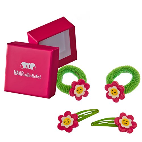 HAARallerliebst Haarschmuck Set (4 Stück | handbemalte Blumen | pink grün) für Mädchen inkl. Schachtel zur Aufbewahrung (Schachtelfarbe: pink) von HAARallerliebst