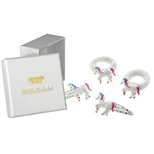 HAARallerliebst Haarschmuck Set (4 teilig | Einhörner | Glitzer Weiss) für Mädchen inkl. Schachtel zur Aufbewahrung (Schachtelfarbe: Weiss) von HAARallerliebst