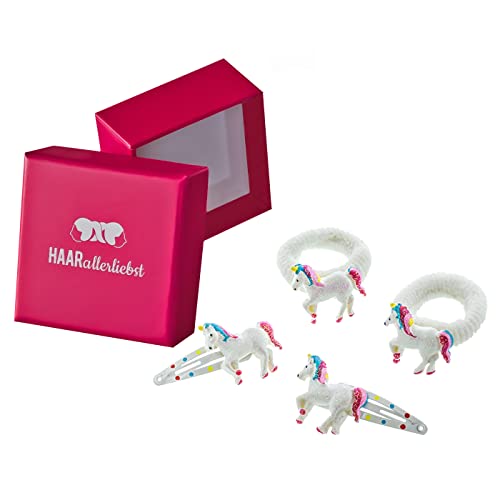 HAARallerliebst Haarschmuck Set (4 teilig | Einhörner | Glitzer Weiss) für Mädchen inkl. Schachtel zur Aufbewahrung (Schachtelfarbe: pink) von HAARallerliebst