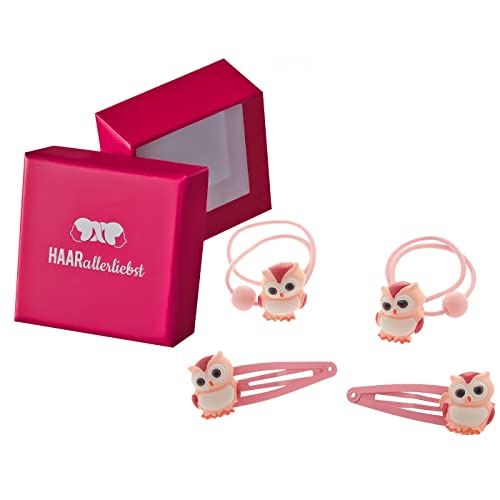 HAARallerliebst Haarschmuck Set (4 teilig | Eulen | rosa) für Mädchen inkl. Schachtel zur Aufbewahrung (Schachtelfarbe: pink) von HAARallerliebst