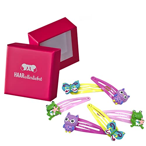 HAARallerliebst Haarschmuck Set Mädchen (6 teilig | Schmetterling Frosch Eule | bunt) für Mädchen inkl. Schachtel zur Aufbewahrung (Schachtelfarbe: pink) von HAARallerliebst