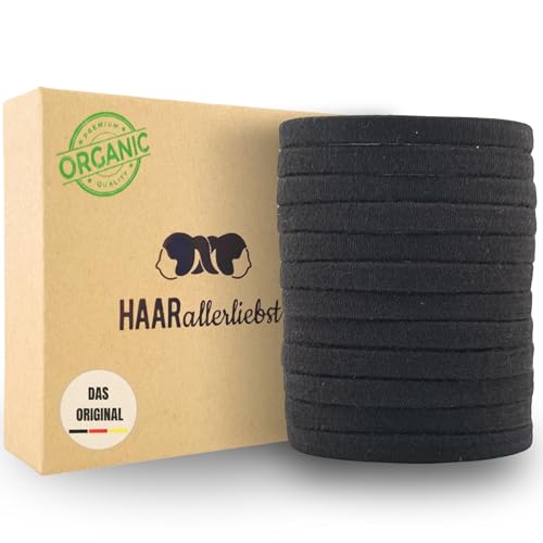 Haarallerliebst Haargummi Damen 12er Set – Haargummis flach ohne Metall aus Bio-Baumwolle & Naturkautschuk – Zopfgummi schwarz für starken Halt – Schonend zu Haar & Umwelt von HAARallerliebst