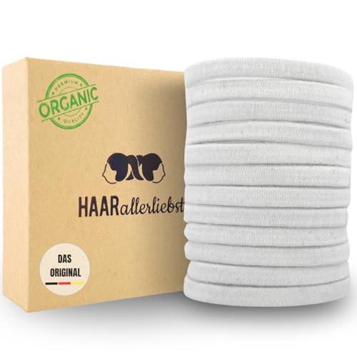 Haarallerliebst Haargummi Damen 12er Set – Haargummis flach ohne Metall aus Bio-Baumwolle & Naturkautschuk – Zopfgummi weiß für starken Halt – Schonend zu Haar & Umwelt von HAARallerliebst